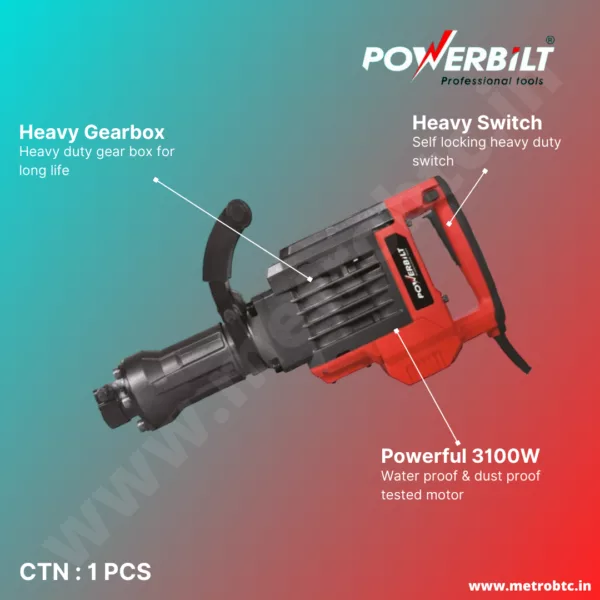 Powerbilt PBT-DH65-3100 | DEMOLITION HAMMER PH65 - 3100 Watts - Anti Vibration System - Metal BMC - Impact Rating of 95 Joules - Image 3